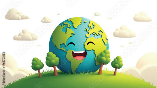 Happy Earth, green planet, eco friendly, smiling globe, vector illustration