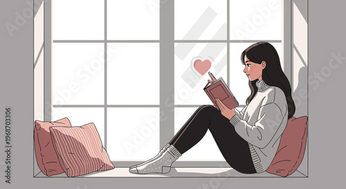 Woman Reading Book By Window, Cozy Afternoon, Heart Symbol
