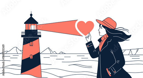 Woman with Heart Symbol and Lighthouse Beacon of Love