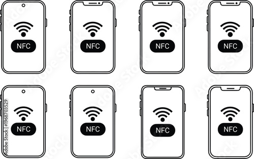 NFC smartphone icons set, mobile phone with contactless payment sign, near field communication.