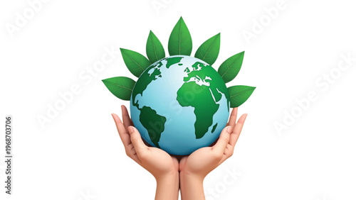 Eco friendly globe, green earth, hands holding planet, sustainable environment, ecology symbol