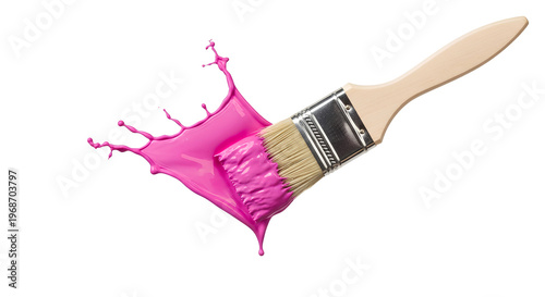 Pink Paint Brush Splash PNG. Wood handle paintbrush with dynamic pink color liquid paint splash isolated for creative art and DIY designs. Wet color splatter texture PNG.