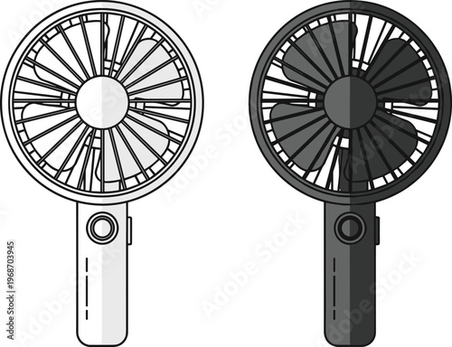 Two portable fans, one white and one dark grey, showing blades and handle with button.
