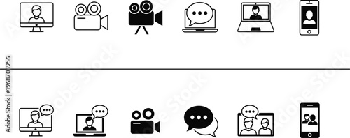Collection of video call icons featuring computers and phones people talking communication technology.