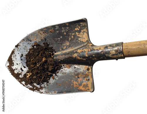 Rusty metal digging tool with soil on its scoop
