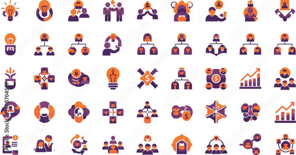 Fototapeta premium Set of Business Teamwork, Leadership, Collaboration, and Communication Icons with Growth, Strategy, and Social Network ConceptsPrint