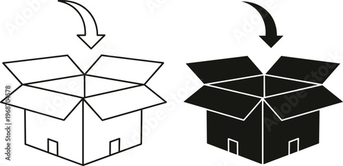 Open cardboard box with arrow pointing inside for packaging delivery unboxing and shipping concepts.