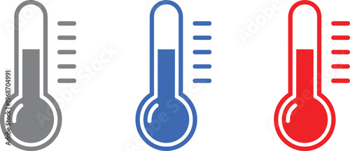 Thermometer icons gray blue red showing different temperature levels hot cold measurement.