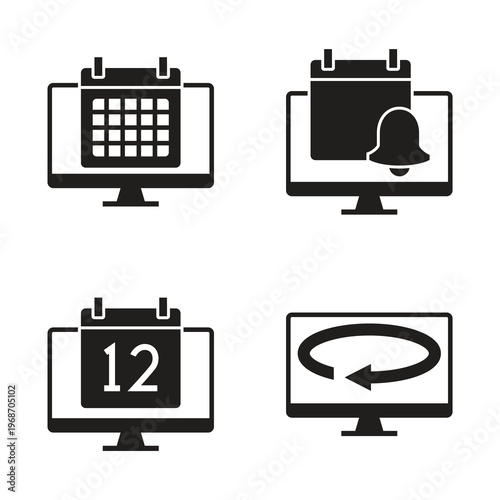 Calendar and refresh icon set solid monitor glyph