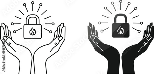 Hands holding lock icon safety security protection concept line art and filled version.