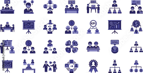 Set of Corporate Leadership, KPI Management, Business Team Structure, and Financial Performance Icons with CEO, Goals, and Strategy Concepts