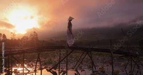 Breathtaking Sunrise Woman Crossing Lotus Pond Traditional Vietnam