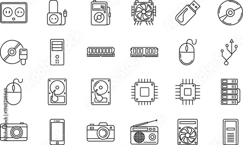 Collection of many black outline computer and electronics icons over transparent background.