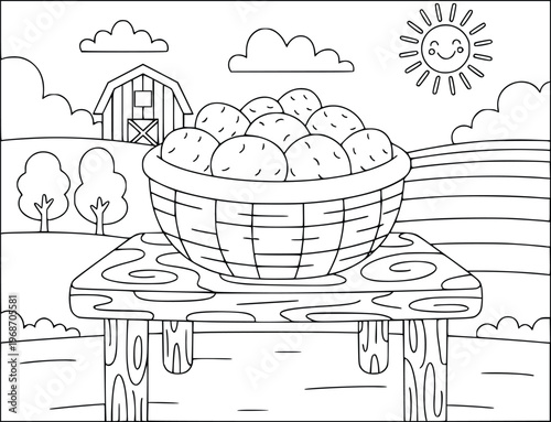 Coloring book page featuring a wicker basket of potatoes on a farm table