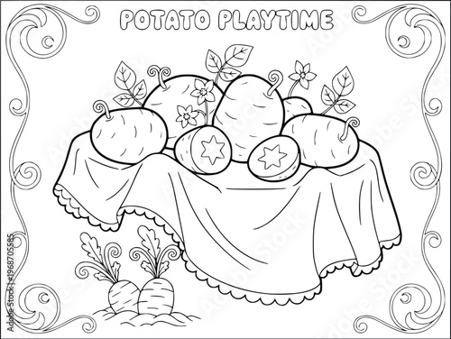 Coloring page featuring a group of cute potatoes on a decorative tablecloth