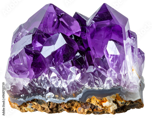 Cluster of sparkling purple quartz crystals with rough base