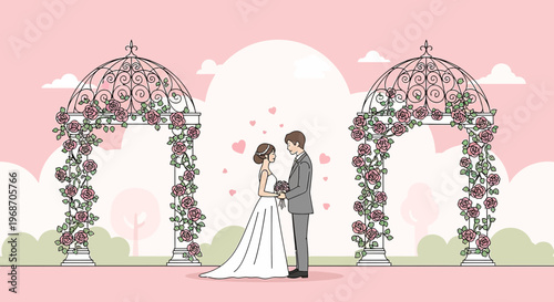 Wedding Couple Under Floral Arbors Illustration - Romantic Love Celebration