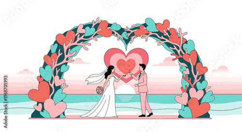 Wedding Couple Under Heart Arch, Beach Ceremony, Love Symbolism, Romantic Illustration
