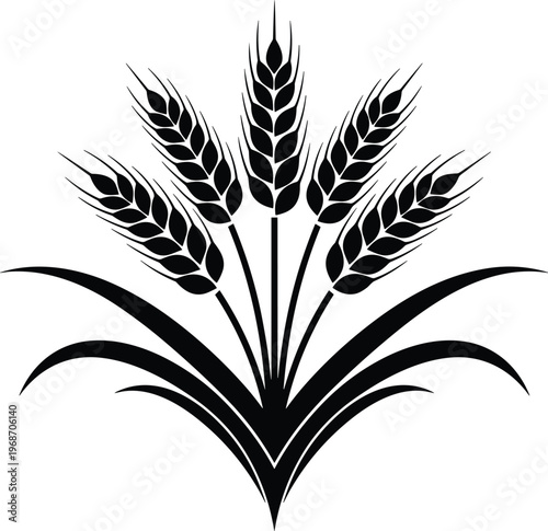 Wheat ears silhouette vector illustration featuring cereal grain stalks with leaves, black agricultural plant element, harvest farming design isolated on clean background