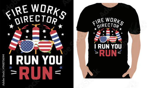 Get ready to light up the night (and get some laughs) with this hilarious “Fireworks Director – I Run You Run” t-shirt! Featuring a bold patriotic design with red, white, and blue fireworks and Americ