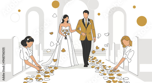 Wedding Couple Walking Down Aisle with Flower Petals