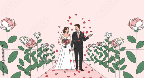 Wedding Couple Walking Down Aisle with Flowers and Falling Rose Petals