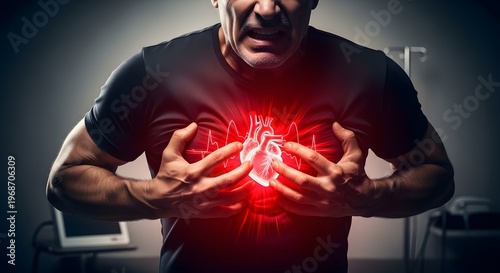 Heart failure and acute chest pain emergency. Medical cardiology and intensive care. Middle aged man in distress clutching his chest with visible glowing heart organ illustration