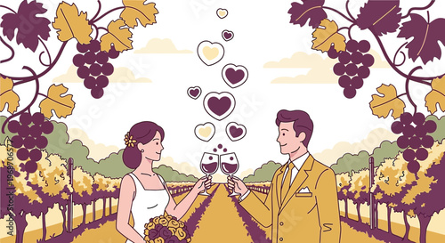 Wedding Couple Toasting Wine in Vineyard with Hearts, Love Concept