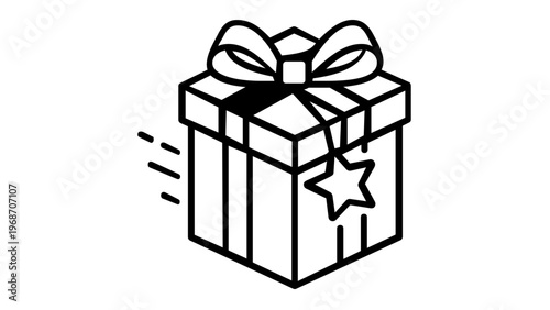 Fast delivery gift box vector icon illustration featuring a minimalist line art present with a ribbon bow and star tag, perfect for e-commerce, holiday surprises, and celebratory shipping.