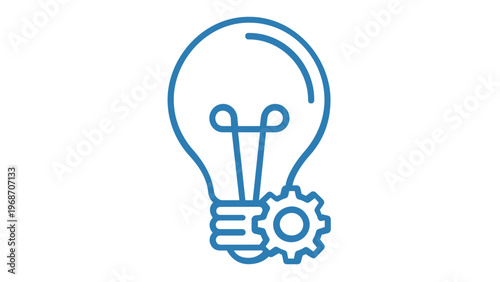 Blue line art vector icon illustration of a light bulb with a gear cogwheel, representing innovation, technical solutions, creative engineering, smart ideas, industrial process, and development.