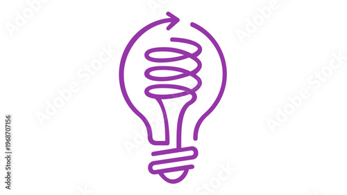 Minimalist purple lightbulb vector icon illustration featuring a spiral filament and a circular arrow, symbolizing renewable energy, recycling, innovation, creative ideas, and sustainability.