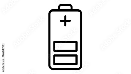 Minimalist battery charge level vector icon illustration featuring a power cell with a plus sign and two bars, ideal for user interface design, energy status, and electronic device indicators.