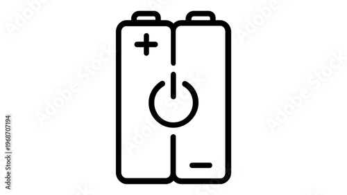 Minimalist Vector Icon Illustration of Two AA Batteries with Power Symbol and Plus Minus Terminals, Scalable Flat Line Art Design for Energy, Electricity, and Portable Power Supply Concepts.