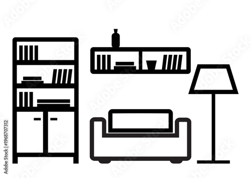 Living room, furniture, display cabinet, bookshelf, bookcase, sofa and lamp, vector banner. Concept for furniture store.