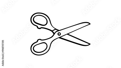 Minimalist black and white scissors line art vector icon illustration, ideal for school supplies, office equipment, tailoring, and crafting projects. Scalable flat design for web and print assets.