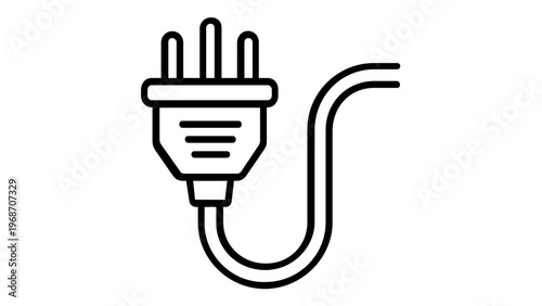 Minimalist black and white vector icon illustration of a three-pin electrical power plug with a curved cable, perfect for technology, energy, and electronics design projects, AI-generated.