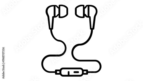Minimalist vector icon illustration of in-ear headphones with cable, black line art earbud design for music and audio technology, scalable flat graphic isolated on white background.