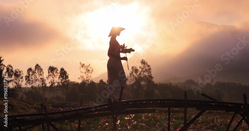 Silhouette Woman On Bamboo Bridge At Sunrise, Tra Ly Lotus Pond Vietnam
