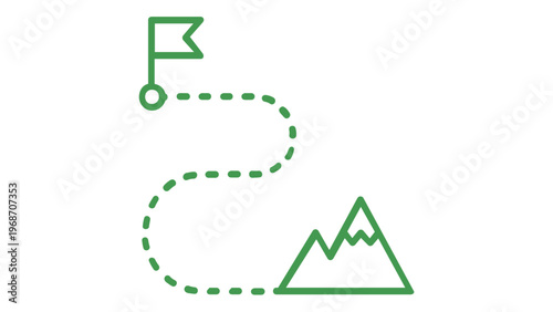 Green minimalist vector icon illustration of a winding dashed path leading from a mountain range to a destination flag, symbolizing a goal, journey, roadmap, success, and mission achievement.