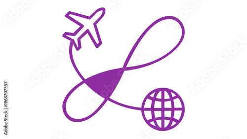 Purple vector icon illustration of an airplane flying in a loop connected to a globe, symbolizing global travel, international aviation, worldwide logistics, and tourism connectivity.