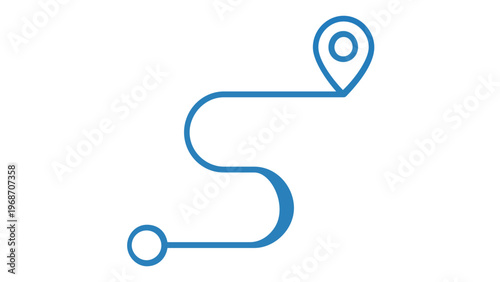 Blue minimalist vector icon illustration of a winding route path from a starting point to a destination location pin marker, ideal for navigation, travel, logistics, and GPS tracking concepts.