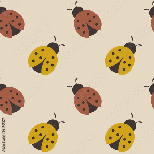 Hand drawn red and yellow ladybugs seamless pattern on beige background. Vector repeatable illustration.