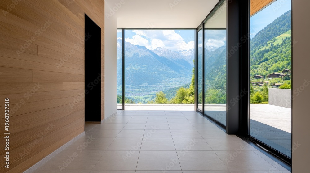Fototapeta premium Modern wood-paneled hallway with tiled floor, featuring expansive glass revealing a seamless panoramic view of lush mountains and valleys, evoking serene luxury. Interior, Alpine