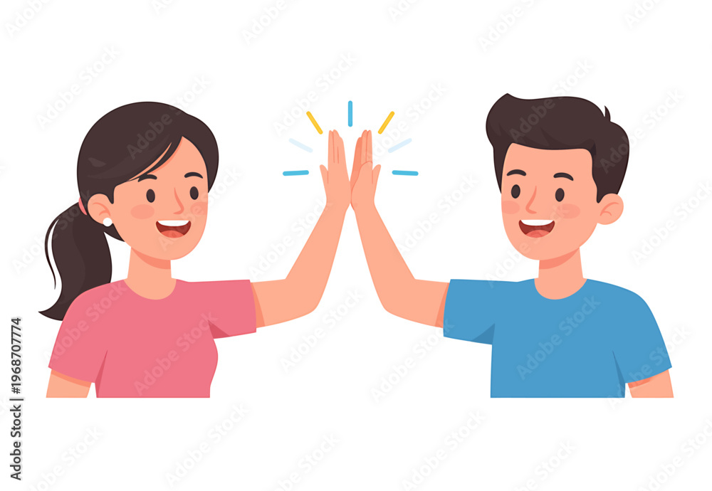 Obraz premium Two people, woman and man, giving each other a high five to celebrate. Man and woman giving high five together