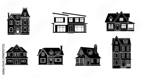 Houses architectural drawings set with black and white line styles and various roof designs and windows