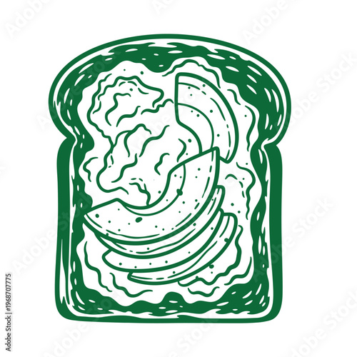 Green of a slice of toast with banana and peanut butter spread on