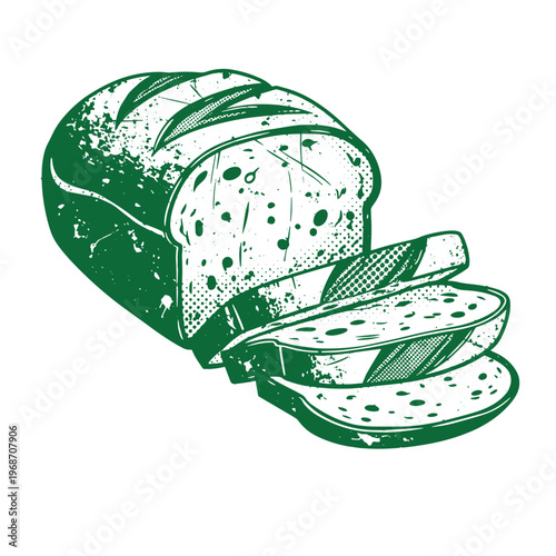 Green of loaf of bread with three slices cut off sliced bread green white background food