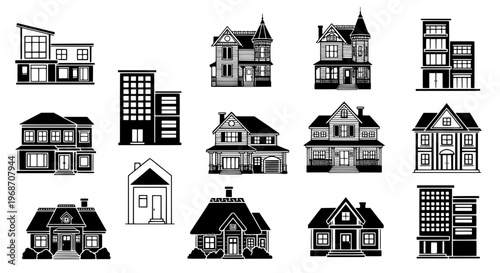Houses black and white illustration set with various architectural styles and details featuring buildings, architecture, residential with homes and
