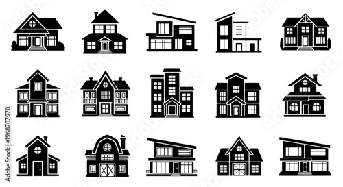 Houses set with various architectural styles and designs featuring modern, traditional, contemporary with classic and suburban elements for urban,