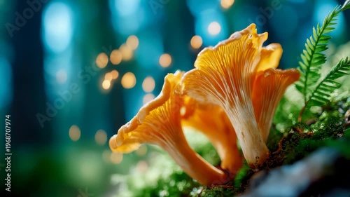Golden chanterelle mushrooms growing on mossy forest floor with fern and soft woodland bokeh